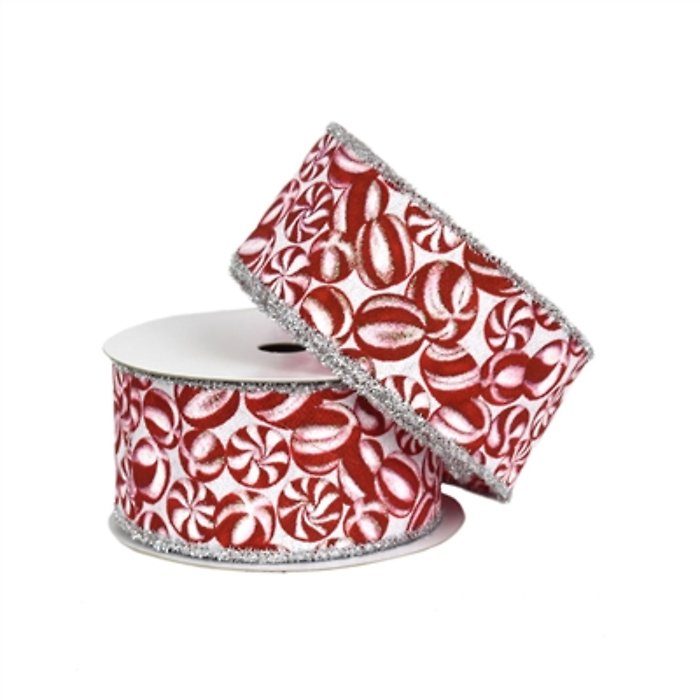 2.5\" X 10YD PEPPERMINT CANDY RIBBON W/ SILVER TINSEL