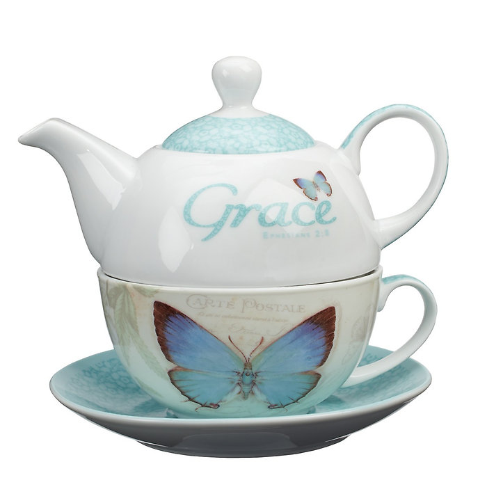 Grace Blue Butterfly Blessings Tea Set for One - Ephesians 2:8