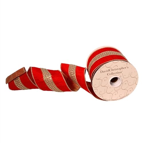 RED FAUX DUPIONI W/ RHINESTONE CENTER STRIPE RIBBON 4\"X10YD