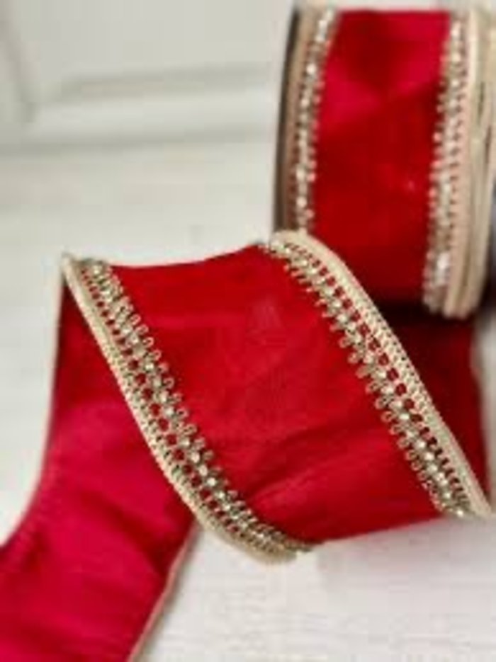 4 Inch By 10 Yard Red Faux Satin Ribbon With Diamond Edging