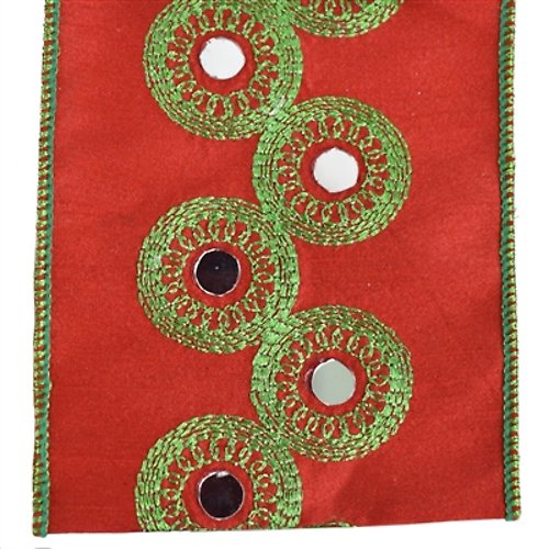 RED FAUX DUPIONI RIBBON WITH MIRROR CENTER GREEN MEDALLIONS 4\"X