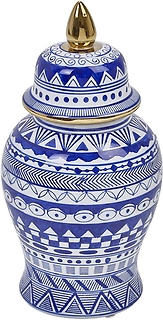 Ginger Jar with Gold Accent, Blue and White