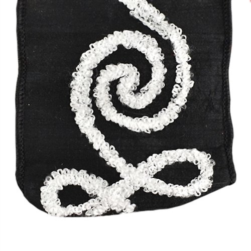 BLACK FAUX DUPIONI RIBBON W/ WHITE EMBROIDERED SCROLL 4\" X 10YD