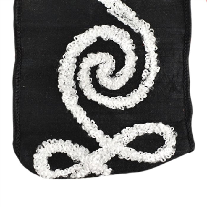 BLACK FAUX DUPIONI RIBBON W/ WHITE EMBROIDERED SCROLL 4\" X 10YD